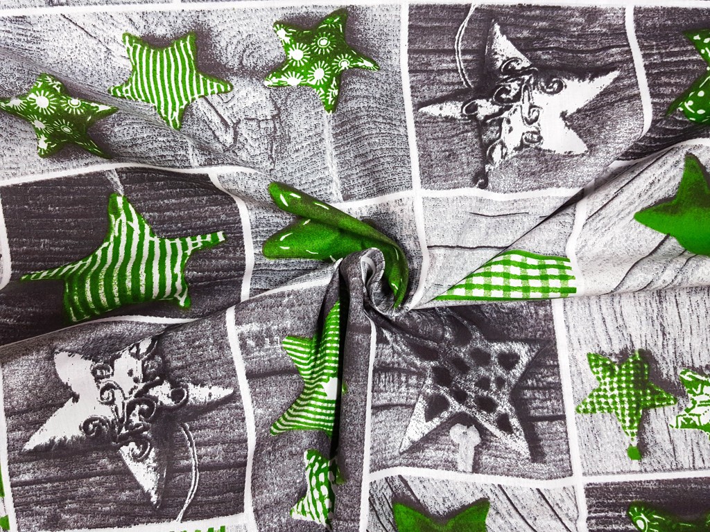 Vianočná bavlnená látka zelené hviezdy na patchworku 160 cm