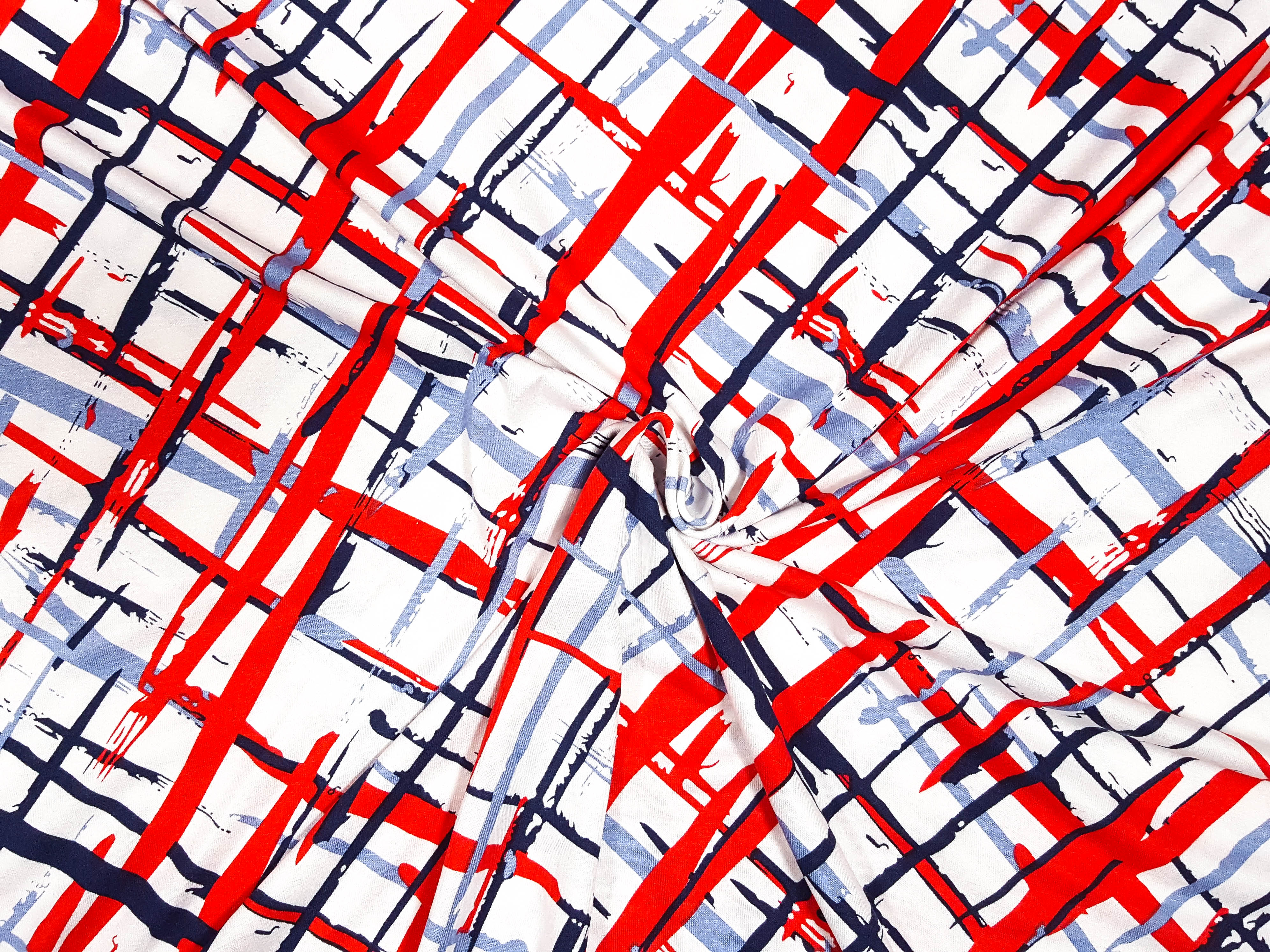Viskózový úplet červeno-modrý abstrakt 145 cm