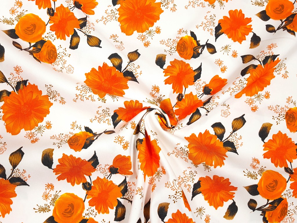 Bavlnený satén matný s oranžovým kvetom 150 cm