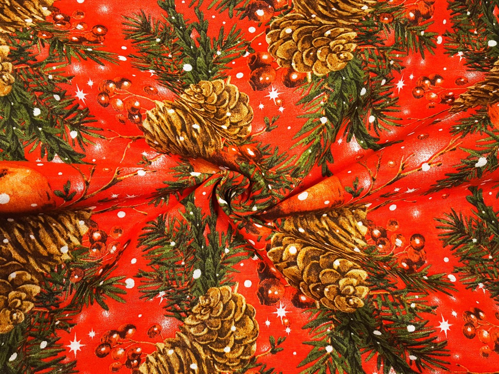 Vianočná dekoračná látka jablká na vetvičke 140 cm